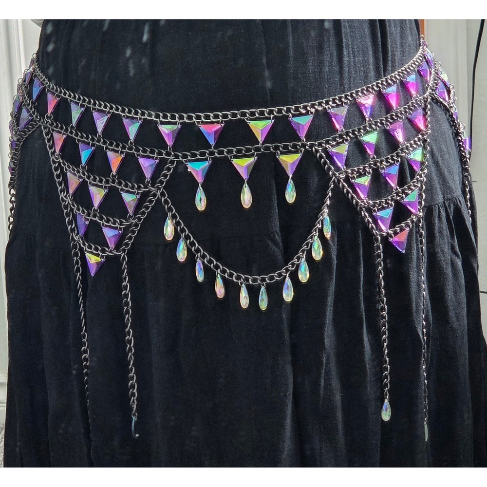 Holographic AB Iridescent Gunmetal Chain Belt Multi-Layer Draped Pyramid Gems